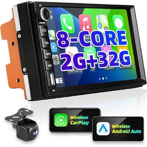 Double Din Car Stereo,7 inch Car Radio Cpmpatible with Wireless Apple Carplay and Android Auto, 8 Core 2+32GB Car Play with GPS Navigation Bluetooth WiFi FM/AM Backup Camera