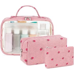 Bluboon 3 Pcs Makeup Bag Travel Toiletry Bags Clear Cosmetic Bag Gift for Girls Women Waterproof Make Up Purse Zipper Pouch (Corduroy strawberries)