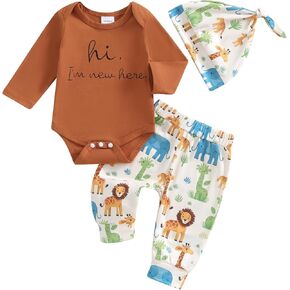 Newborn Baby Boy Girl Clothes Im New Here Romper Bodysuit Animal Pants Set with Hat Coming Home Hospital Outfits