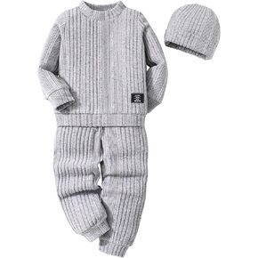 Toddler Boy Clothes 3-7Y Toddler Clothes for Boys Solid Ribbed Pullover 3 Piece Pant Sets Toddler Boy Outfits with Hat