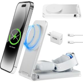 Foldable Aluminum Alloy 3-in-1 Magnetic Wireless Charger, Charging Station, for iPhones, Apple Watches, AirPods Other TWS Wireless Earphones (Silver)