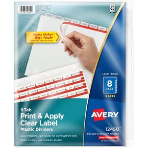 فواصل بلاستيكية من Avery 8 علامات تبويب لـ 3 حلقات ربط، سهلة الطباعة وتطبيق شريط ملصقات شفاف، علامات تبويب بيضاء بلورية قابلة للتخصيص من صانع الفهرس، 5 مجموعات (12450) in Kuwait