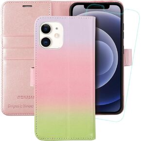 MONASAY Wallet Case Compatible for iPhone 12 Pro/iPhone 12 5G,6.1-inch [Glass Screen Protector Included] [RFID Blocking] Flip Folio Leather Cell Phone Cover with Credit Card Holder, Rainbowes