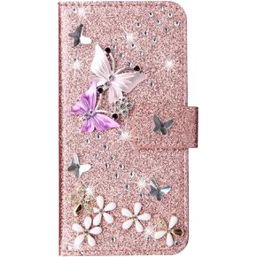 Losin متوافق مع iPhone 14 Pro Max Wallet Case مع فتحات بطاقة فاخرة ثلاثية الأبعاد بلينغ بريق الماس أحجار الراين الفراشة الزهور تصميم للنساء الفتيات التألق لامعة بو الجلود حامل غطاء مسنده