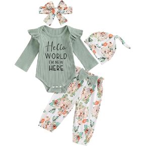 Toddler Baby Girls Fall Outfits Long Sleeve Letters Print Romper Flower Print Pants Headband Hat Clothing 4Pcs Set