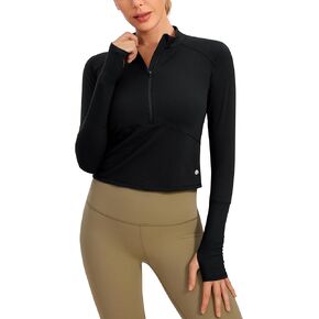 CRZ YOGA Women's Long Sleeve Crop Top Quick Dry Cropped Workout Shirts Half Zip Pullover Running Athletic Shirt Grey Sage Large