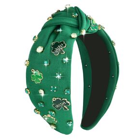 St.Patrick's Day Headbands for Women Green Rhinestone Beaded Top Knot Headband Irish Lucky Shamrock Jeweled Knotted Headband St Patricks Day Hairband Accessories Gifts (White-A)