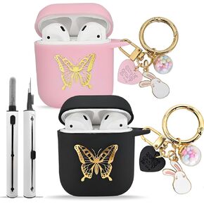 REDX1 [2 Pack] Case Compatible with Airpod 1 & Airpods 2nd Generation,Protective Cover with Cleaner Pen, Lucky Ball Keychain Accessories,Soft TPU for Women,Girl,Teen,(Black,Pink)
