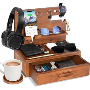 Phone Docking Station with Drawer, Wood Nightstand Organizer for Men, Bedside Organizer with Charging Station, for Men, Phone Stand for Anniversary Birthday Gifts