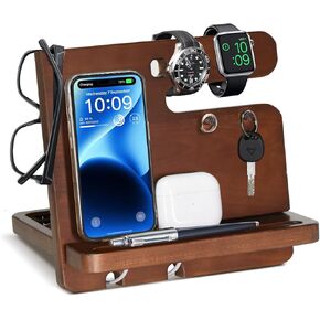 Phone Docking Station with Drawer, Wood Nightstand Organizer for Men, Bedside Organizer with Charging Station, for Men, Phone Stand for Anniversary Birthday Gifts