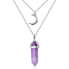 MAIBAOTA Healing Crystal Stone Point Necklace Layered Crescent Moon Pendant Necklaces Spiritual Reiki Witch Gemstone Quartz Jewelry for Women