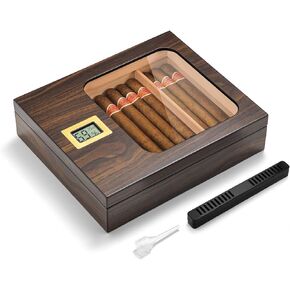 Cigar Humidor, Modern Glass Top Cedar Humidor Cigar Box with Digital Hygrometer, Humidifier, Handcrafted Cedar Wood Tray and Divider, Cigar Case Holds 25-50 Cigars, Cigar Accessories for Men