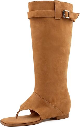 Women's Square Toe Open Toed Summer Boots With Clip Toe Flat Bottom For Comfortable And Cool High Boots, Fashionable Flat Heel Lace up Trendy Boots in Saudi Arabia