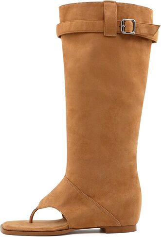 Women's Square Toe Open Toed Summer Boots With Clip Toe Flat Bottom For Comfortable And Cool High Boots, Fashionable Flat Heel Lace up Trendy Boots in Saudi Arabia