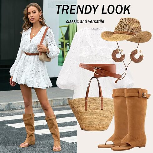 Women's Square Toe Open Toed Summer Boots With Clip Toe Flat Bottom For Comfortable And Cool High Boots, Fashionable Flat Heel Lace up Trendy Boots in Saudi Arabia