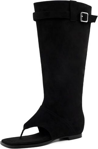 Women's Square Toe Open Toed Summer Boots With Clip Toe Flat Bottom For Comfortable And Cool High Boots, Fashionable Flat Heel Lace up Trendy Boots in Saudi Arabia