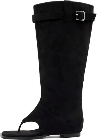Women's Square Toe Open Toed Summer Boots With Clip Toe Flat Bottom For Comfortable And Cool High Boots, Fashionable Flat Heel Lace up Trendy Boots in Saudi Arabia