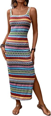 فستان نسائي طويل كاجوال من COZYEASE بطباعة هندسية وفتحة فخذين ورقبة مربعة بدون أكمام in Saudi Arabia