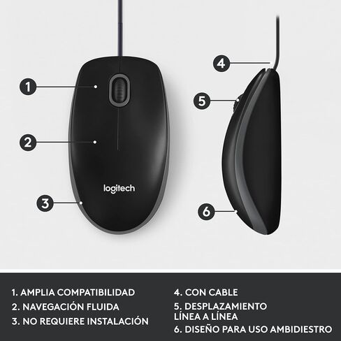 لوجيتك M100 ماوس سلكي - ماوس USB سلكي لأجهزة الكمبيوتر وأجهزة الكمبيوتر المحمولة، للاستخدام باليد اليمنى أو اليسرى، أسود in Saudi Arabia
