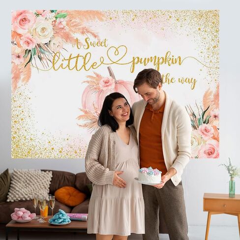 Mocsicka Fall Pumpkin Baby Shower Backdrop Boho Little Pumpkin Baby Shower Decorations Pampas Grass Gold Dot Pumpkin on The Way Background Banner Photo Booth Props in Saudi Arabia