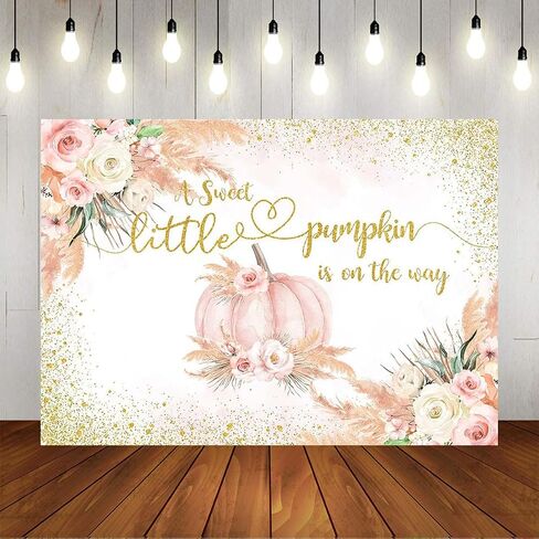 Mocsicka Fall Pumpkin Baby Shower Backdrop Boho Little Pumpkin Baby Shower Decorations Pampas Grass Gold Dot Pumpkin on The Way Background Banner Photo Booth Props in Saudi Arabia