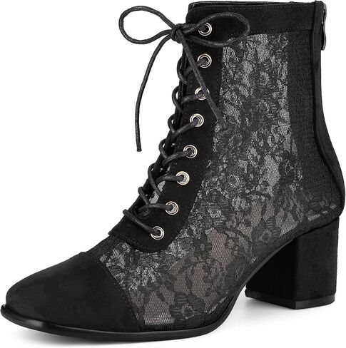 Perphy Square Toe Lace Up Flowers Lace Block Heels Ankle Boots for Women in Saudi Arabia
