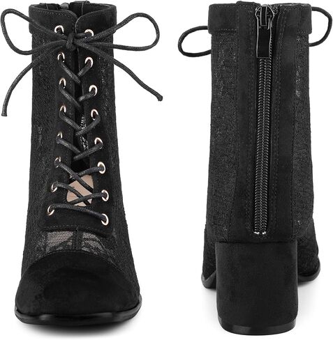 Perphy Square Toe Lace Up Flowers Lace Block Heels Ankle Boots for Women in Saudi Arabia