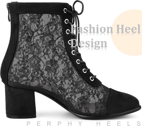 Perphy Square Toe Lace Up Flowers Lace Block Heels Ankle Boots for Women in Saudi Arabia