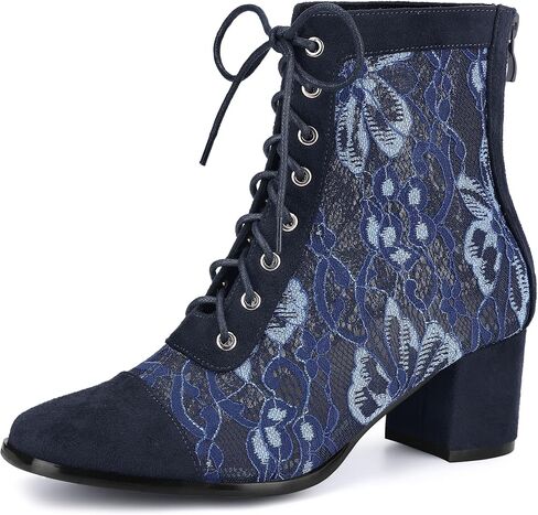 Perphy Square Toe Lace Up Flowers Lace Block Heels Ankle Boots for Women in Saudi Arabia