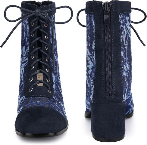 Perphy Square Toe Lace Up Flowers Lace Block Heels Ankle Boots for Women in Saudi Arabia