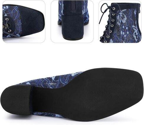 Perphy Square Toe Lace Up Flowers Lace Block Heels Ankle Boots for Women in Saudi Arabia