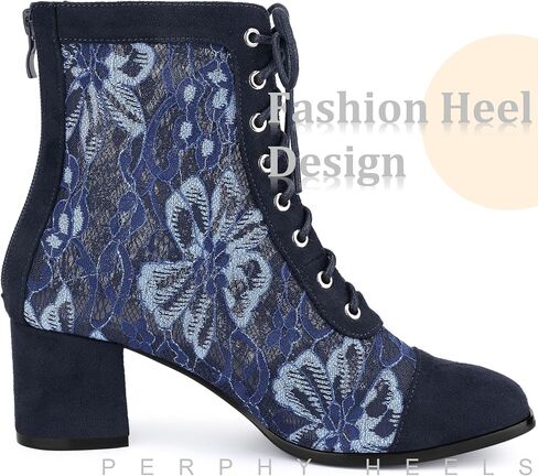 Perphy Square Toe Lace Up Flowers Lace Block Heels Ankle Boots for Women in Saudi Arabia