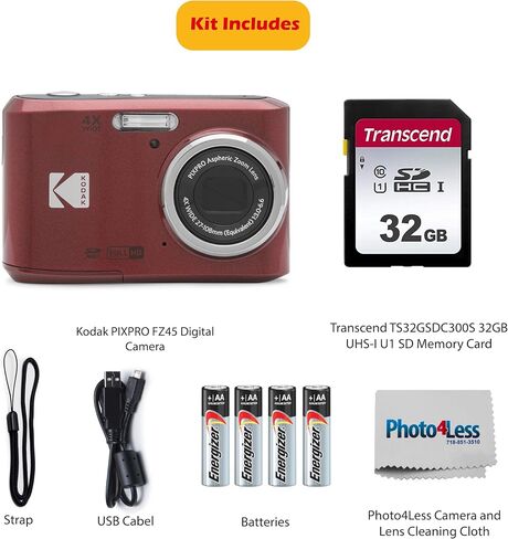 KODAK PIXPRO FZ45 16MP Digital Camera with 4X Optical Zoom 27mm Wide Angle and 2.7" LCD Screen Bundle with 32GB SD Memory Card, AA Batteries (4 Pack), Lens Cleaning Cloth (Red) in Saudi Arabia