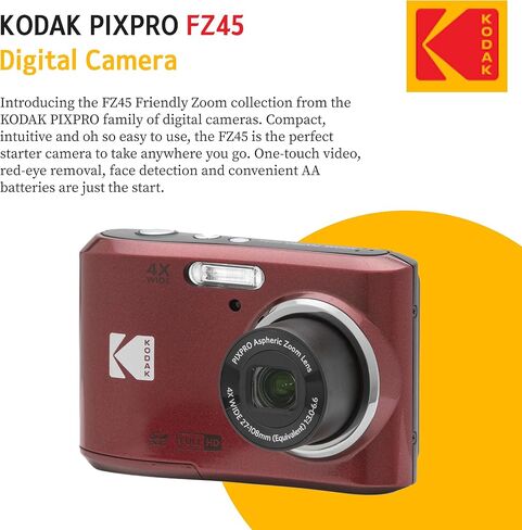 KODAK PIXPRO FZ45 16MP Digital Camera with 4X Optical Zoom 27mm Wide Angle and 2.7" LCD Screen Bundle with 32GB SD Memory Card, AA Batteries (4 Pack), Lens Cleaning Cloth (Red) in Saudi Arabia