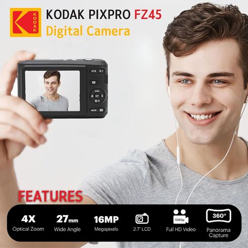 KODAK PIXPRO FZ45 16MP Digital Camera with 4X Optical Zoom 27mm Wide Angle and 2.7" LCD Screen Bundle with 32GB SD Memory Card, AA Batteries (4 Pack), Lens Cleaning Cloth (Red) in Saudi Arabia