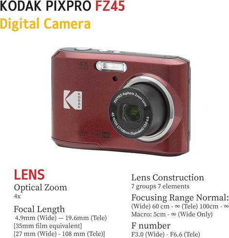 KODAK PIXPRO FZ45 16MP Digital Camera with 4X Optical Zoom 27mm Wide Angle and 2.7" LCD Screen Bundle with 32GB SD Memory Card, AA Batteries (4 Pack), Lens Cleaning Cloth (Red) in Saudi Arabia