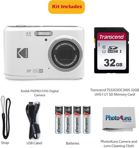 كاميرا رقمية KODAK PIXPRO FZ45 بدقة 16 ميجابكسل مع زووم بصري 4X وزاوية عريضة 27 مم وشاشة LCD مقاس 2.7 بوصة مع بطاقة ذاكرة SD سعة 32 جيجابايت، وبطاريات AA (4 عبوات)، وقطعة قماش لتنظيف العدسات (أحمر) in Kuwait