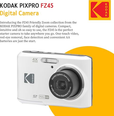 كاميرا رقمية KODAK PIXPRO FZ45 بدقة 16 ميجابكسل مع زووم بصري 4X وزاوية عريضة 27 مم وشاشة LCD مقاس 2.7 بوصة مع بطاقة ذاكرة SD سعة 32 جيجابايت، وبطاريات AA (4 عبوات)، وقطعة قماش لتنظيف العدسات (أحمر) in Kuwait
