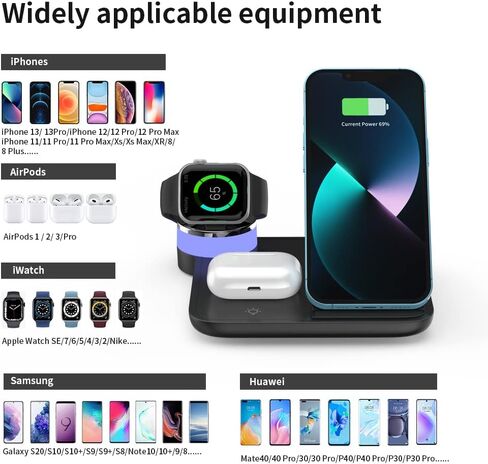 Wireless Charger, RUI MAI LAI 3 in 1 Foldable Fast Charging Station Compatible Apple Watch & AirPods, iPhone 13/12/11(Pro & Pro Max)/X/XS/XS, Qi-Enabled Android Phone(with QC3.0 Adapter) in Saudi Arabia