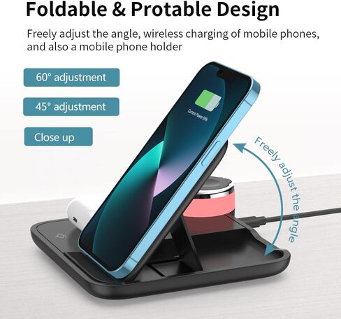 Wireless Charger, RUI MAI LAI 3 in 1 Foldable Fast Charging Station Compatible Apple Watch & AirPods, iPhone 13/12/11(Pro & Pro Max)/X/XS/XS, Qi-Enabled Android Phone(with QC3.0 Adapter) in Saudi Arabia