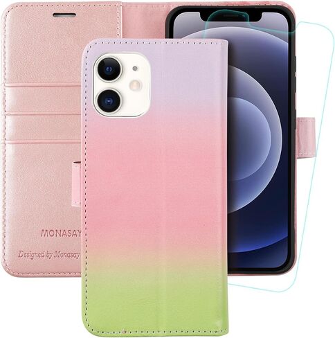 MONASAY Wallet Case Compatible for iPhone 12 Pro/iPhone 12 5G,6.1-inch [Glass Screen Protector Included] [RFID Blocking] Flip Folio Leather Cell Phone Cover with Credit Card Holder, Rainbowes in Saudi Arabia