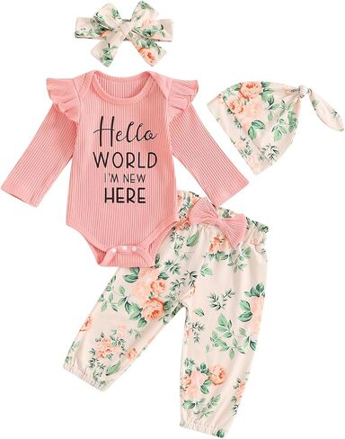Toddler Baby Girls Fall Outfits Long Sleeve Letters Print Romper Flower Print Pants Headband Hat Clothing 4Pcs Set in Saudi Arabia