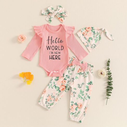 Toddler Baby Girls Fall Outfits Long Sleeve Letters Print Romper Flower Print Pants Headband Hat Clothing 4Pcs Set in Saudi Arabia