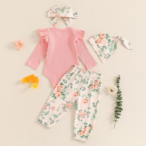 Toddler Baby Girls Fall Outfits Long Sleeve Letters Print Romper Flower Print Pants Headband Hat Clothing 4Pcs Set in Saudi Arabia