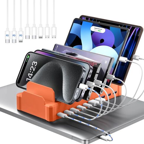 Charging Station for Multiple Devices, Zobirez 10-Port USB C Fast Charger Stations for MacBook, iPhone, Android Cell Phone, iPad, Tablet, Family Multi-Device Organizer Charging Dock, Orange in Saudi Arabia