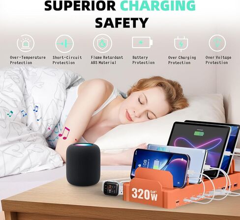 Charging Station for Multiple Devices, Zobirez 10-Port USB C Fast Charger Stations for MacBook, iPhone, Android Cell Phone, iPad, Tablet, Family Multi-Device Organizer Charging Dock, Orange in Saudi Arabia