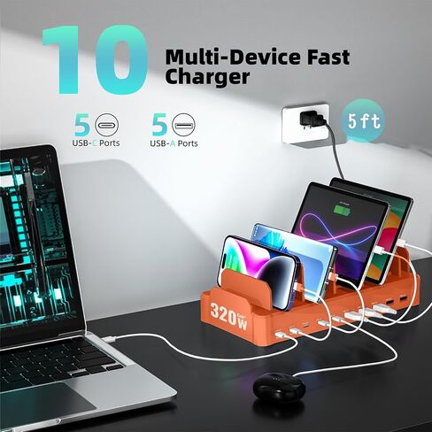 Charging Station for Multiple Devices, Zobirez 10-Port USB C Fast Charger Stations for MacBook, iPhone, Android Cell Phone, iPad, Tablet, Family Multi-Device Organizer Charging Dock, Orange in Saudi Arabia