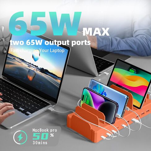 Charging Station for Multiple Devices, Zobirez 10-Port USB C Fast Charger Stations for MacBook, iPhone, Android Cell Phone, iPad, Tablet, Family Multi-Device Organizer Charging Dock, Orange in Saudi Arabia