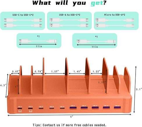 Charging Station for Multiple Devices, Zobirez 10-Port USB C Fast Charger Stations for MacBook, iPhone, Android Cell Phone, iPad, Tablet, Family Multi-Device Organizer Charging Dock, Orange in Saudi Arabia