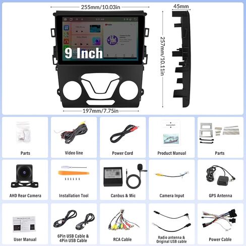 【8-Core 4+64G】ستيريو سيارة Android 13 لسيارة Ford Fusion Mondeo 2013-2019، CarPlay Andriod Auto 9 بوصة IPSTouchscreen Bluetooth GPS Navi Head Unit مع WiFi Mirror Link FM DSP SWC 59UI+كاميرا احتياطية in Saudi Arabia